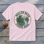 Pink t-shirt with a circular graphic of a bear fishing. Text reads "Holler Bear Fishin Hole."
