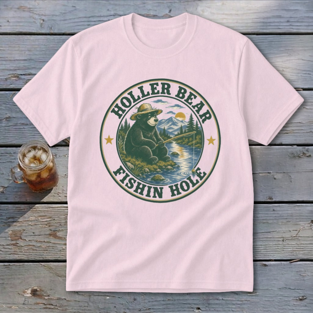 Pink t-shirt with a circular graphic of a bear fishing. Text reads "Holler Bear Fishin Hole."