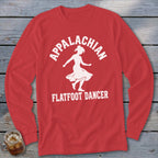 A red long-sleeved t-shirt featuring white text that reads Appalachian Flatfoot Dancer around a dancing woman silhouette.