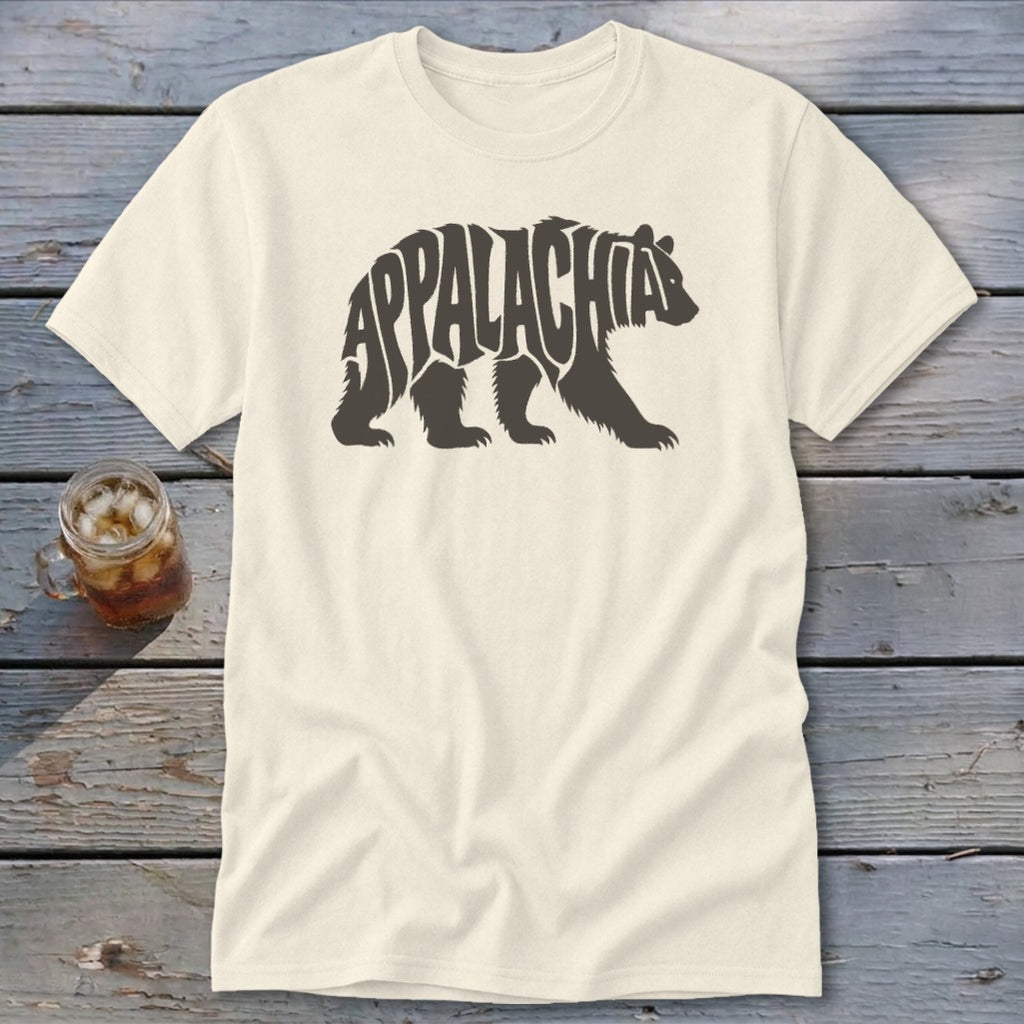 Off-white t-shirt featuring a brown graphic of a bear filled with the word Appalachia.