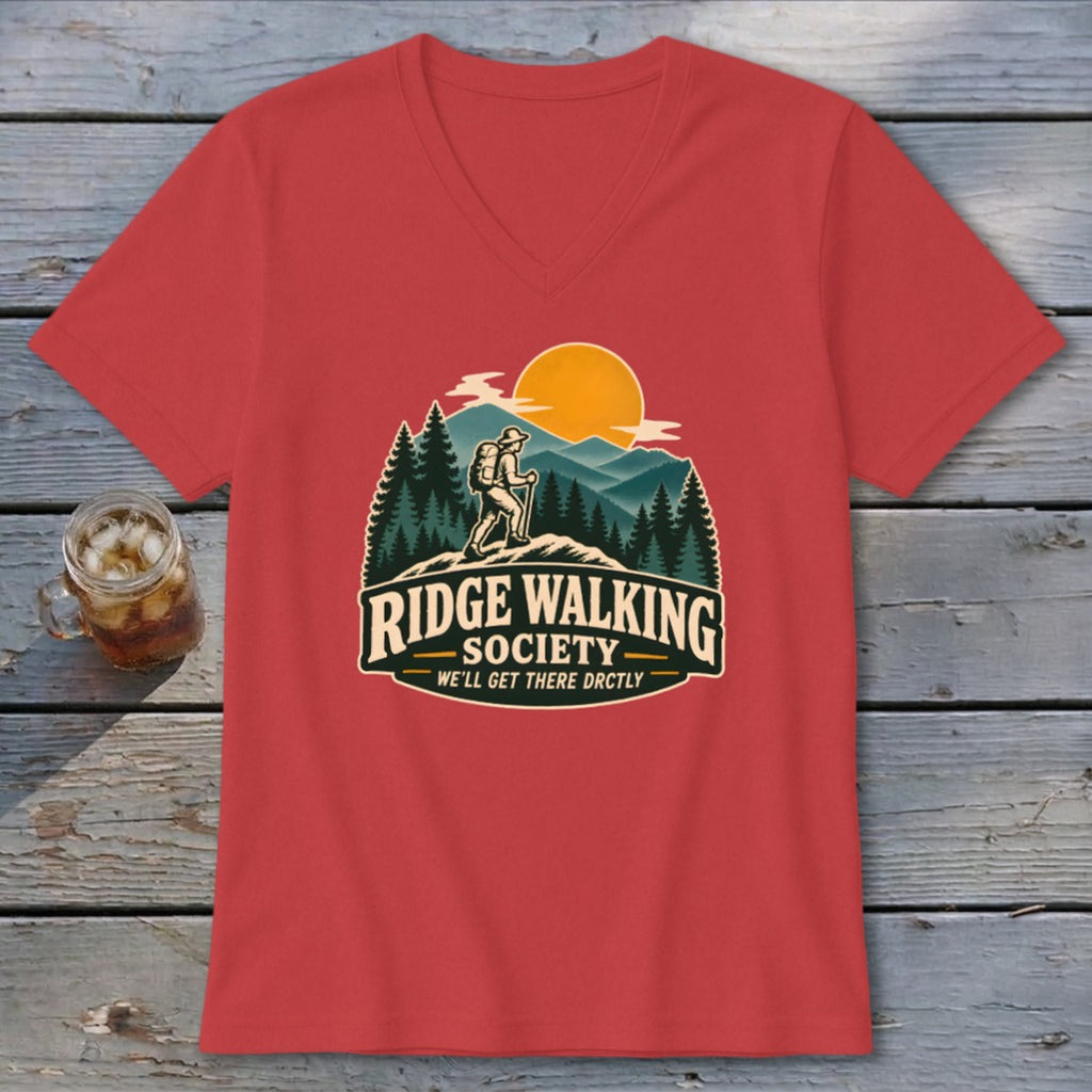 Red t-shirt with "Ridge Walking Society" graphic featuring a hiker and mountains.