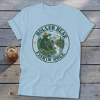 Light blue t-shirt featuring a circular graphic of a bear fishing with text "Holler Bear Fishin' Hole".