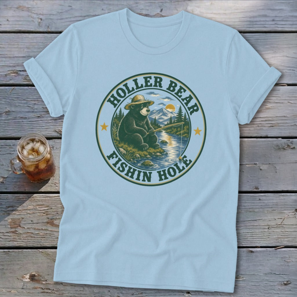 Light blue t-shirt featuring a circular graphic of a bear fishing with text "Holler Bear Fishin' Hole".