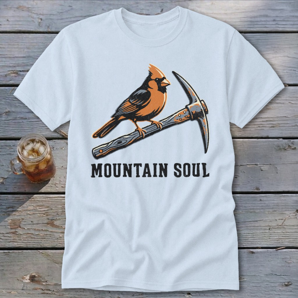 Cardinal perched on a pickaxe with "MOUNTAIN SOUL" text.