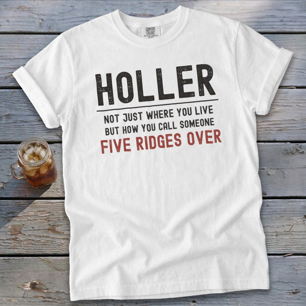 White t-shirt with "HOLLER" and "FIVE RIDGES OVER" text.