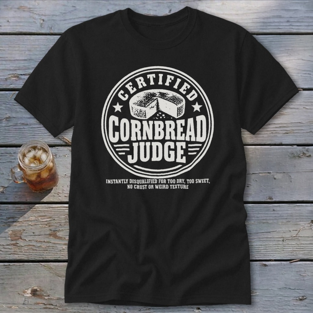 A black t-shirt printed with a white graphic reading Certified Cornbread Judge surrounding a cornbread illustration.
