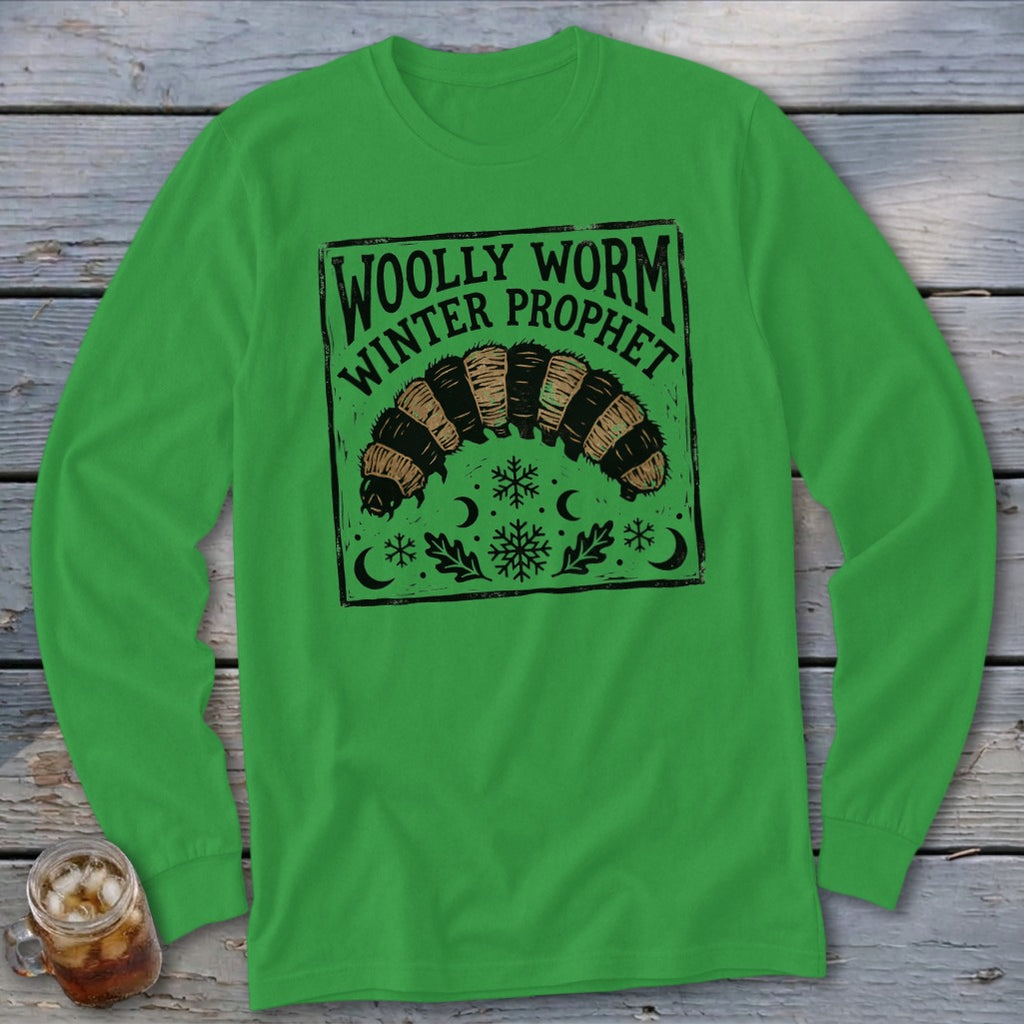 Bright green long-sleeve t-shirt with a black graphic of a woolly worm and text reading Woolly Worm Winter Prophet.
