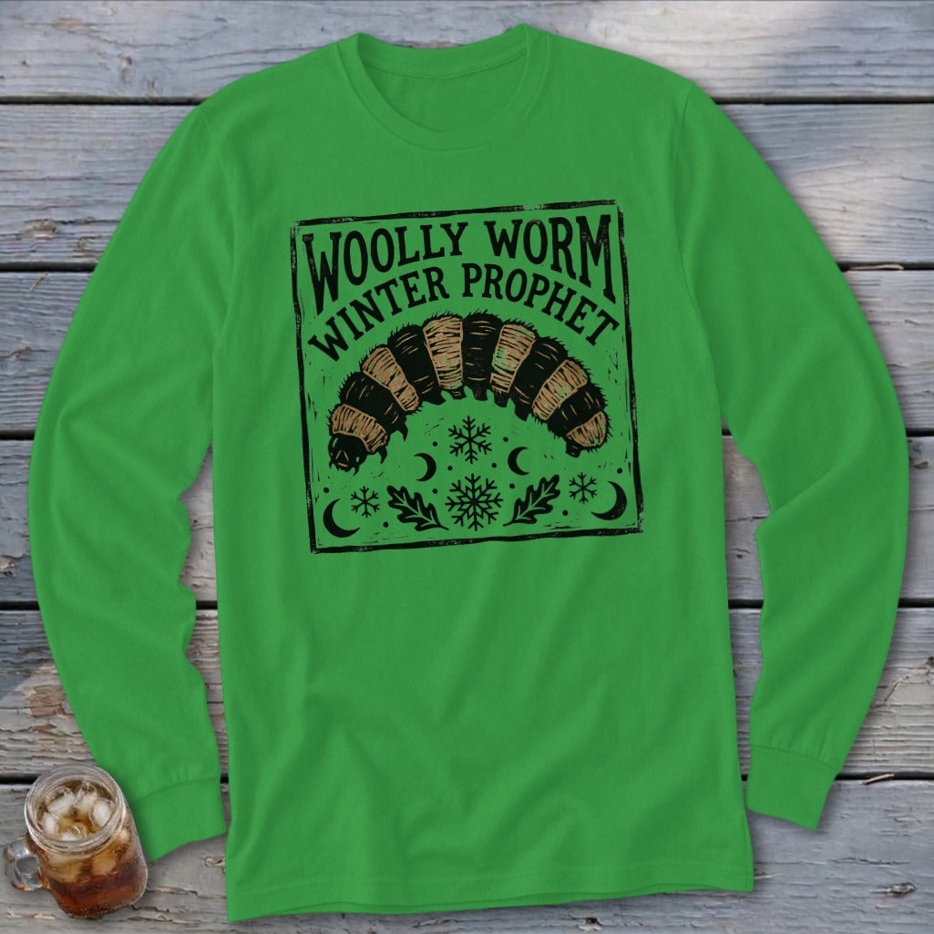 Bright green long-sleeve t-shirt with a black graphic of a woolly worm and text reading Woolly Worm Winter Prophet.
