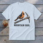 Light blue t-shirt with cardinal on pickaxe graphic and "MOUNTAIN SOUL" text.