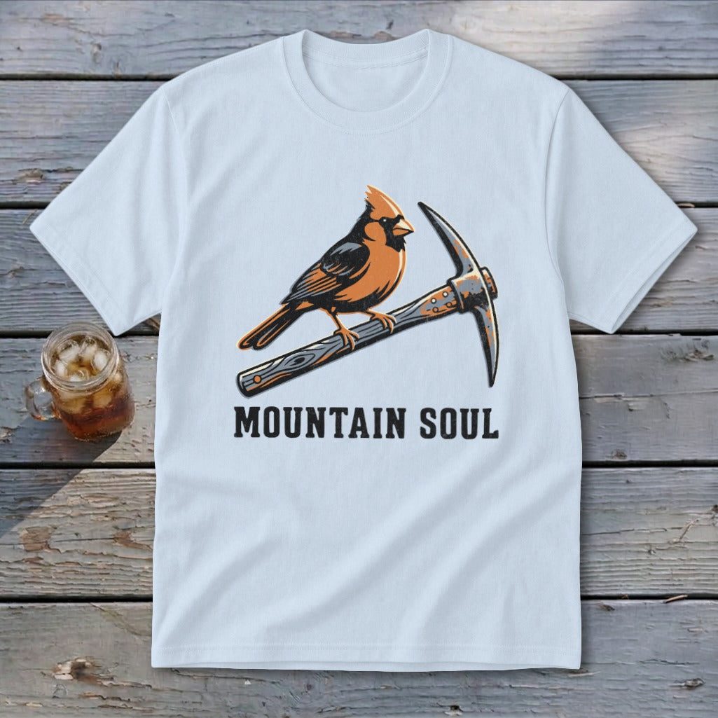 Light blue t-shirt with cardinal on pickaxe graphic and "MOUNTAIN SOUL" text.