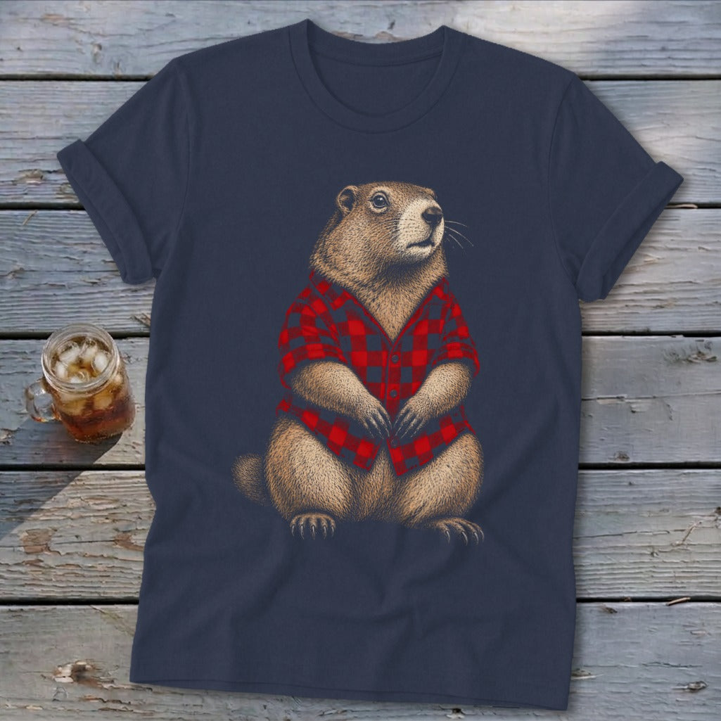 Groundhog wearing a red and black plaid shirt on a navy t-shirt.