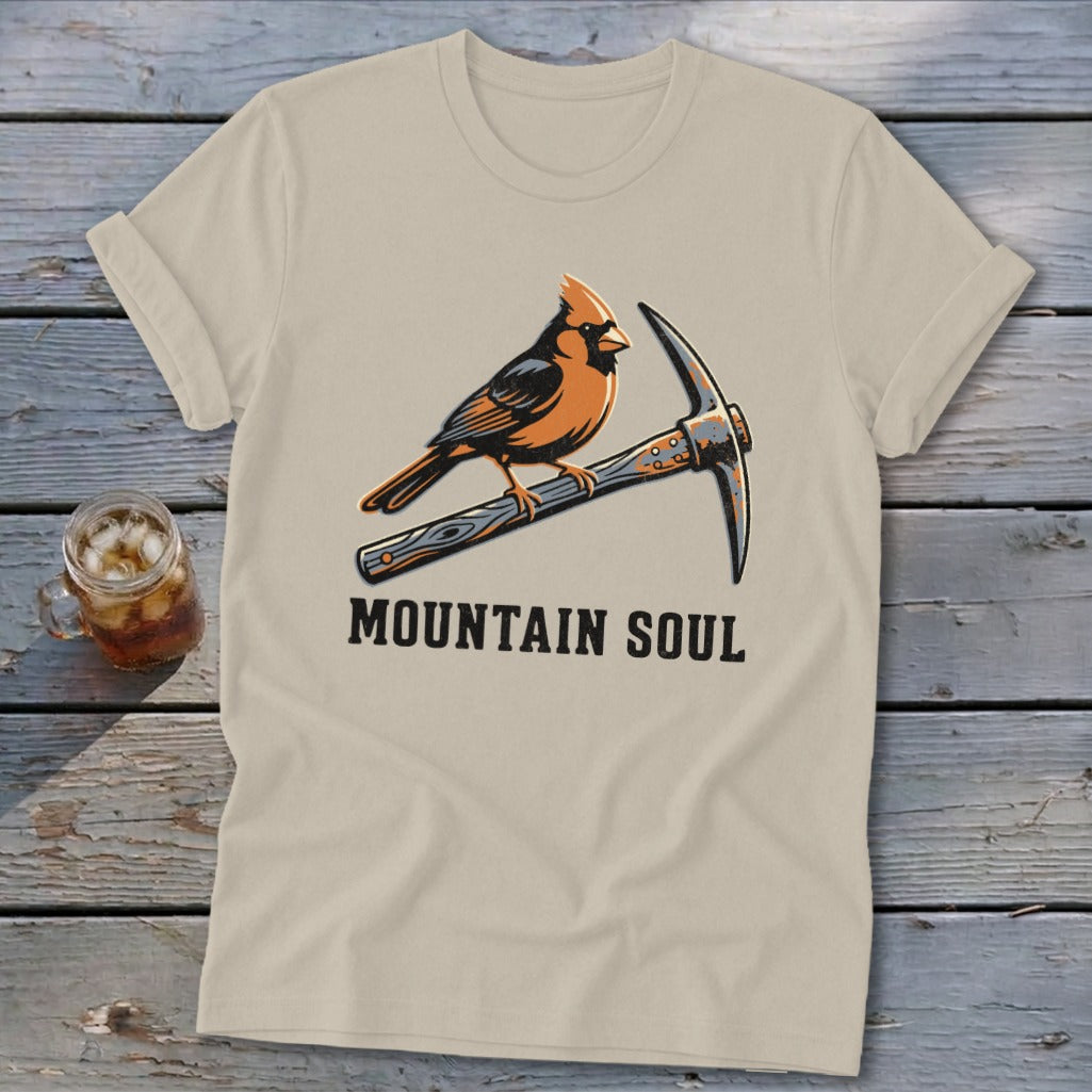 Light beige t-shirt with cardinal on an ice axe and "MOUNTAIN SOUL" text.