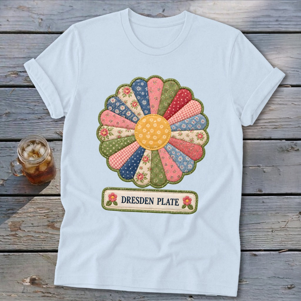 Light blue t-shirt featuring a colorful Dresden Plate quilt block with text.