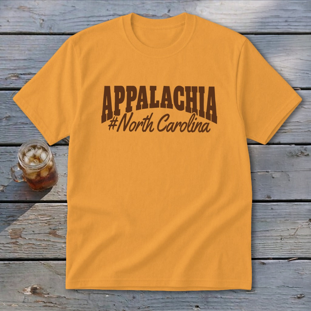 Orange t-shirt with "APPALACHIA #North Carolina" text.