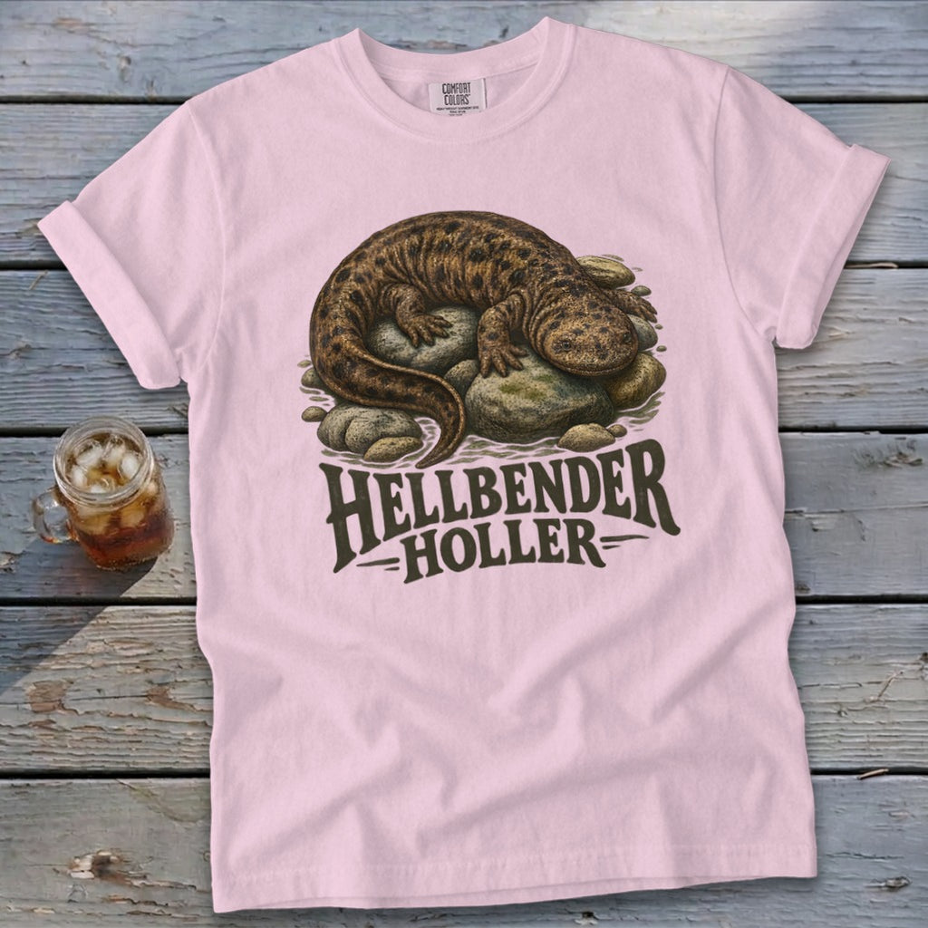 Pink t-shirt with a hellbender salamander graphic and text.