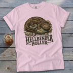 Pink t-shirt with a hellbender salamander graphic and text.