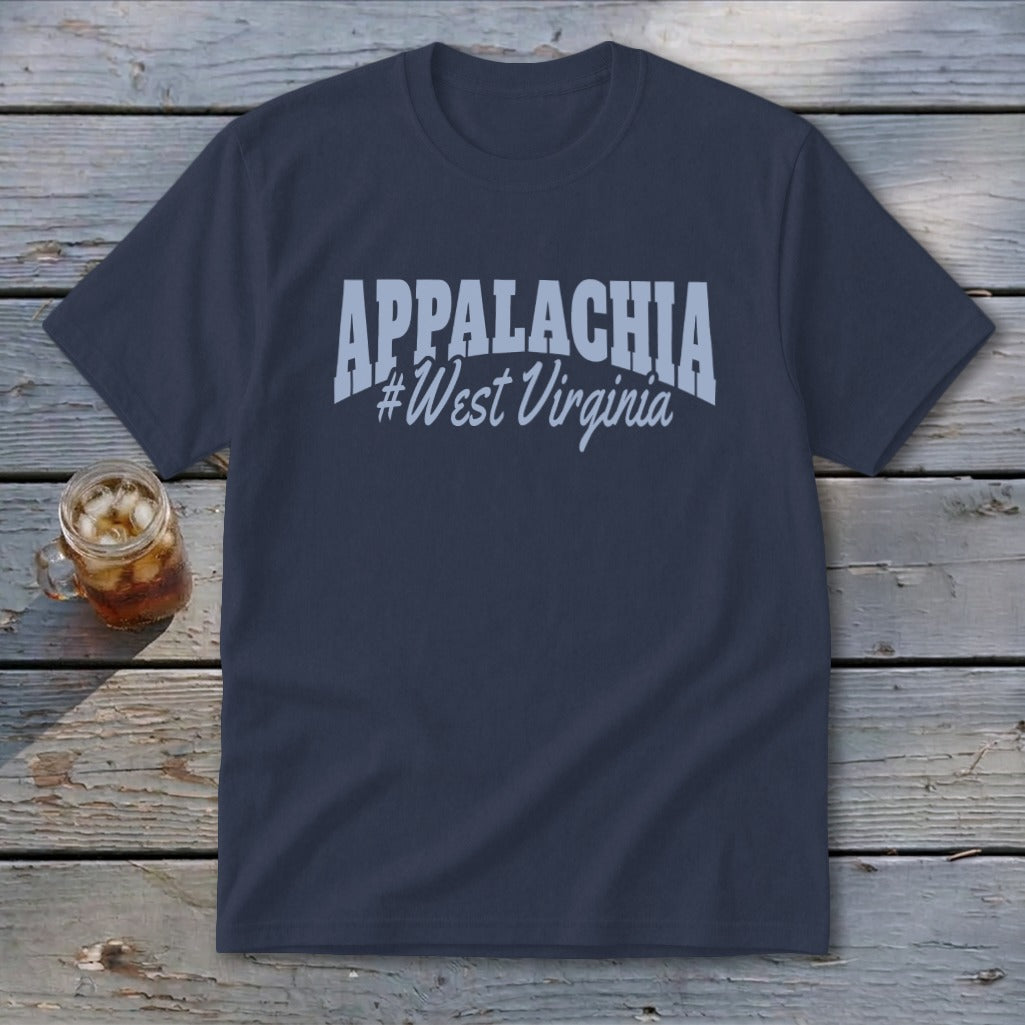 Navy blue t-shirt with "APPALACHIA #West Virginia" text in light blue.