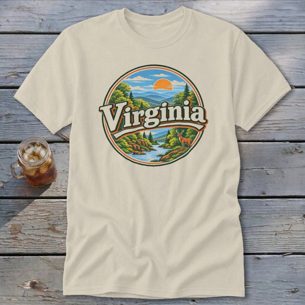 Cream t-shirt with circular graphic of Virginia landscape and text "Virginia".