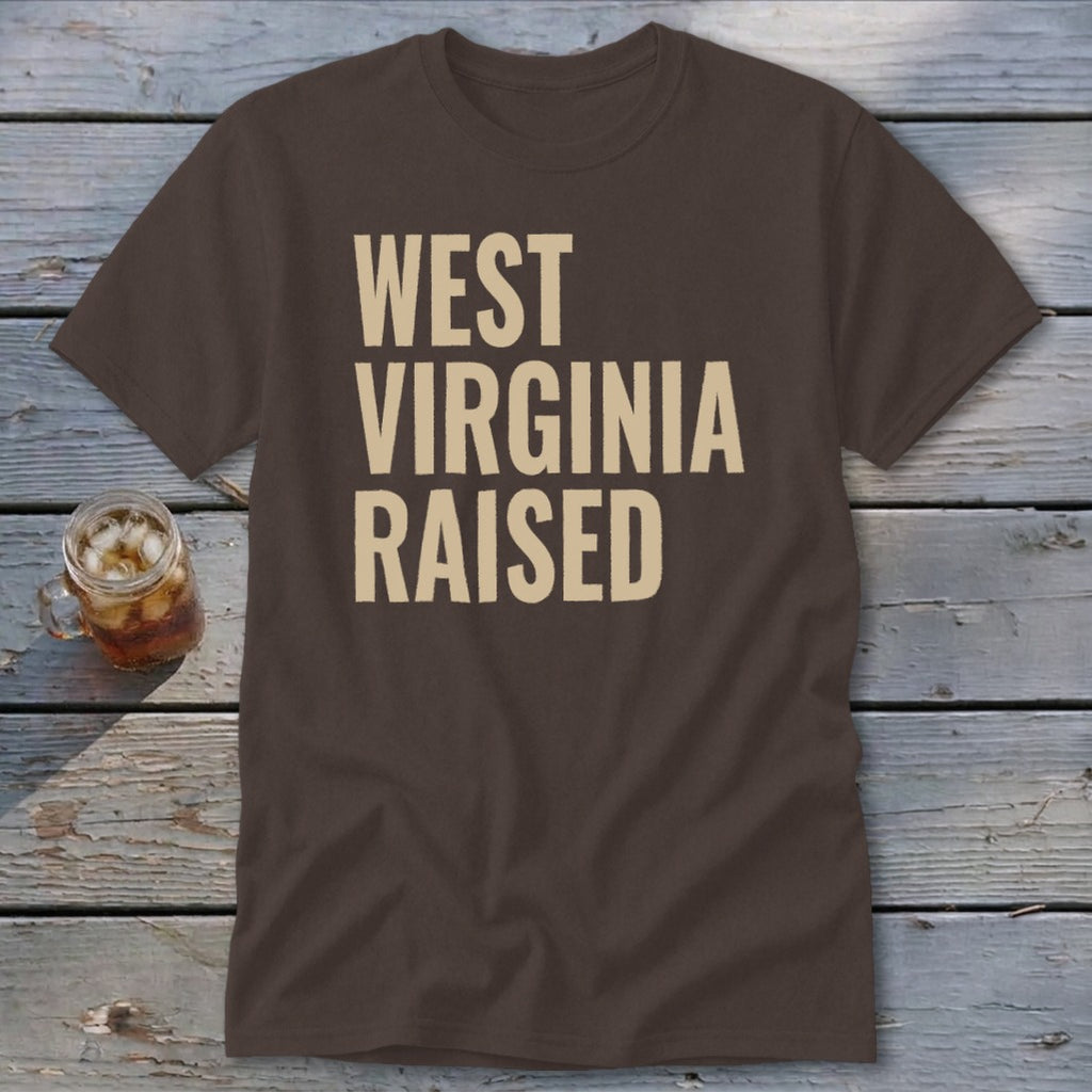 Brown t-shirt with "WEST VIRGINIA RAISED" text in beige.