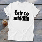 White t-shirt with "fair to middlin" text and a glass of iced tea.