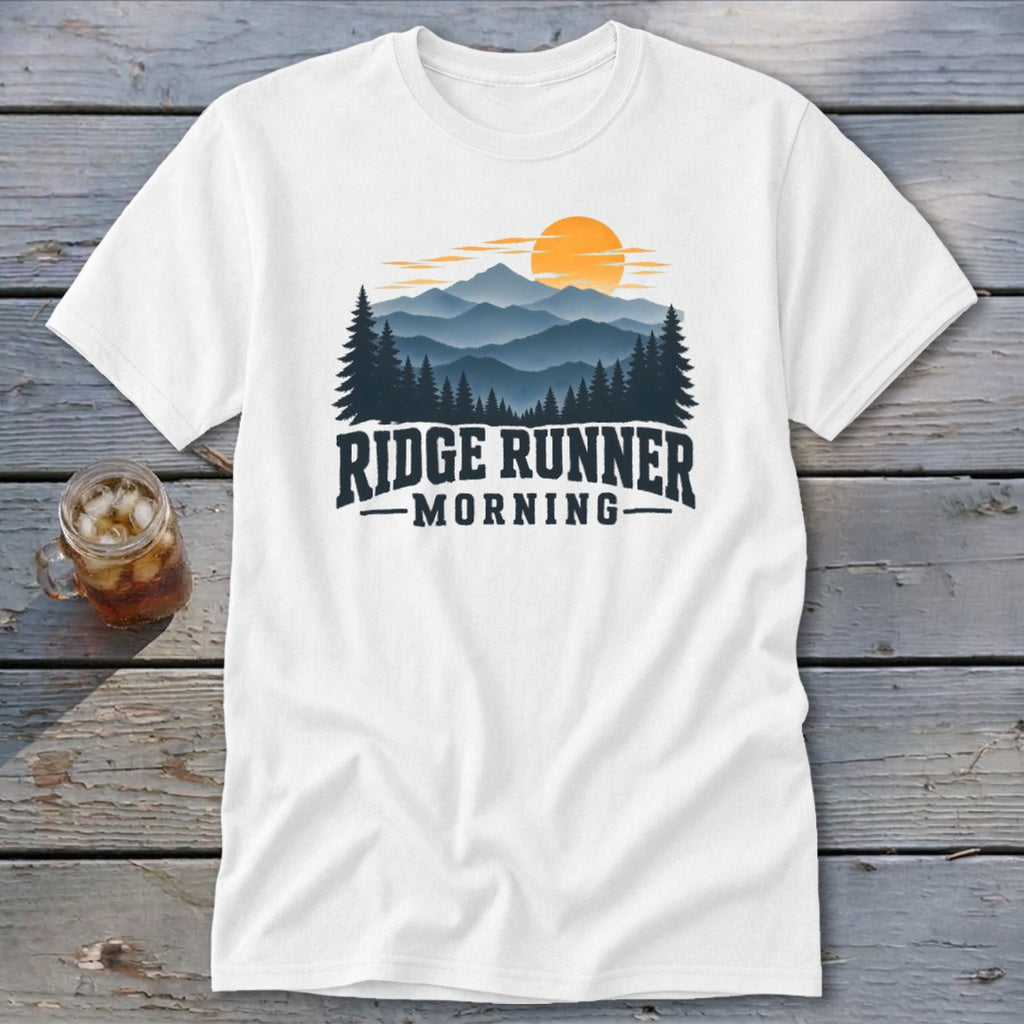 White t-shirt with "Ridge Runner Morning" text and mountain landscape graphic.