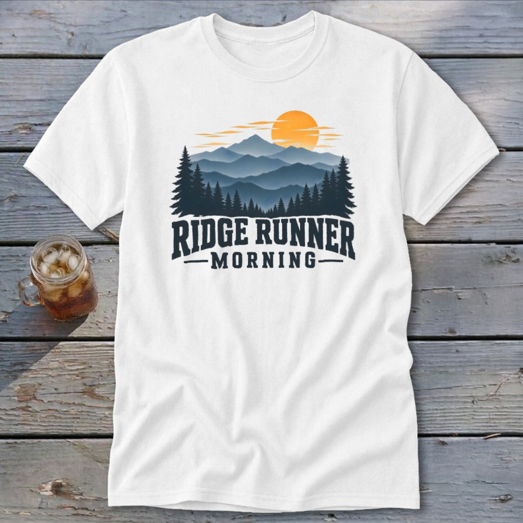 White t-shirt with "Ridge Runner Morning" text and mountain landscape graphic.
