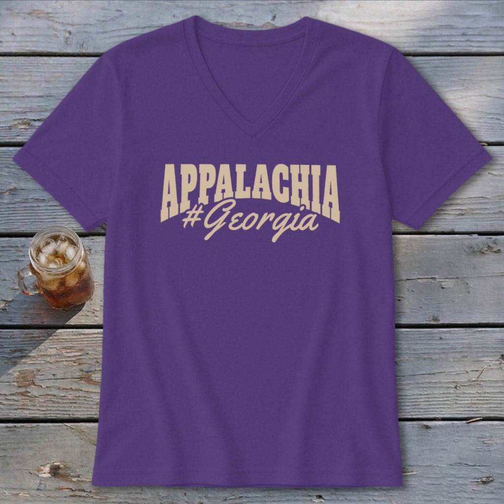 Purple v-neck t-shirt with "APPALACHIA #Georgia" text in tan.