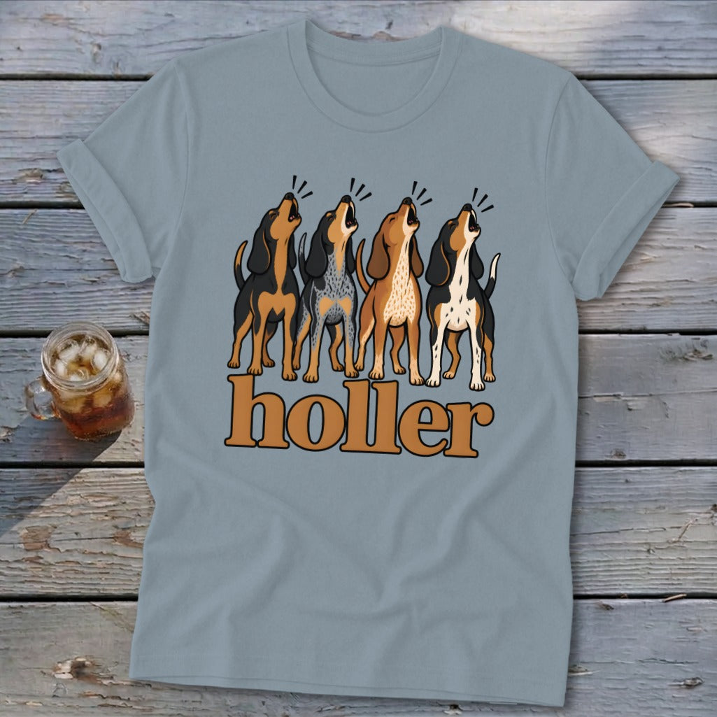 Four cartoon hounds howl with the word "holler" below them.