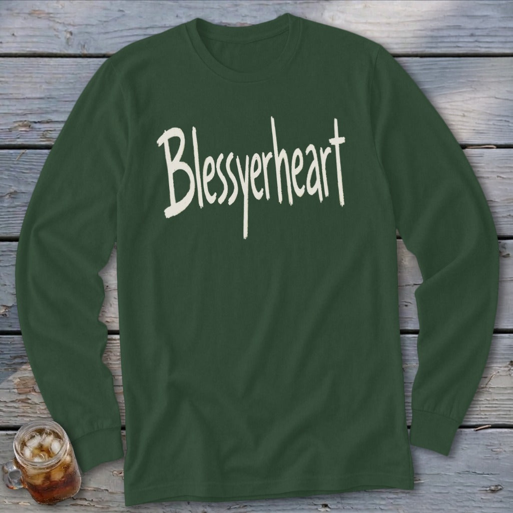 Dark green long-sleeved shirt with "Blessyerheart" in white handwritten text.