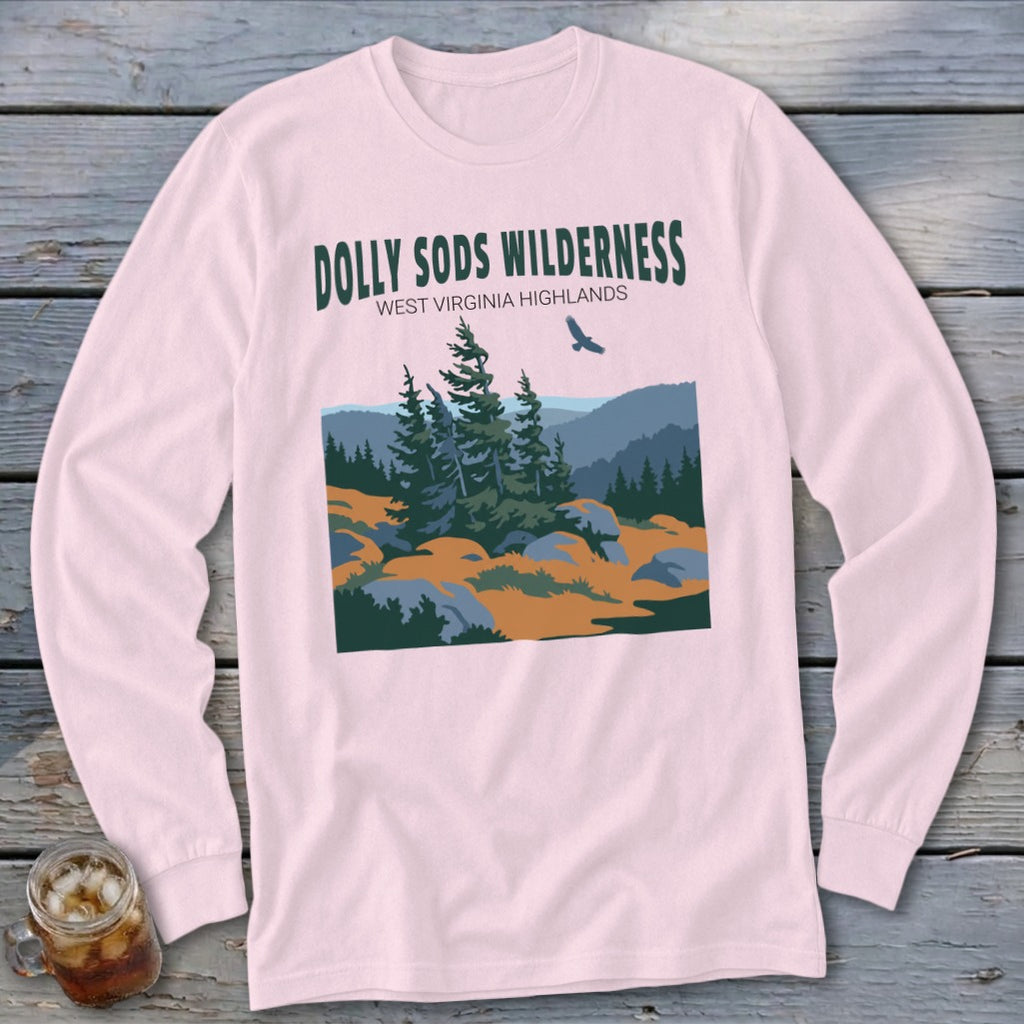 Light pink long-sleeve t-shirt with a graphic of the Dolly Sods Wilderness landscape and text.