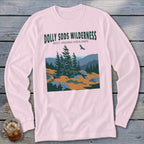 Light pink long-sleeve t-shirt with a graphic of the Dolly Sods Wilderness landscape and text.