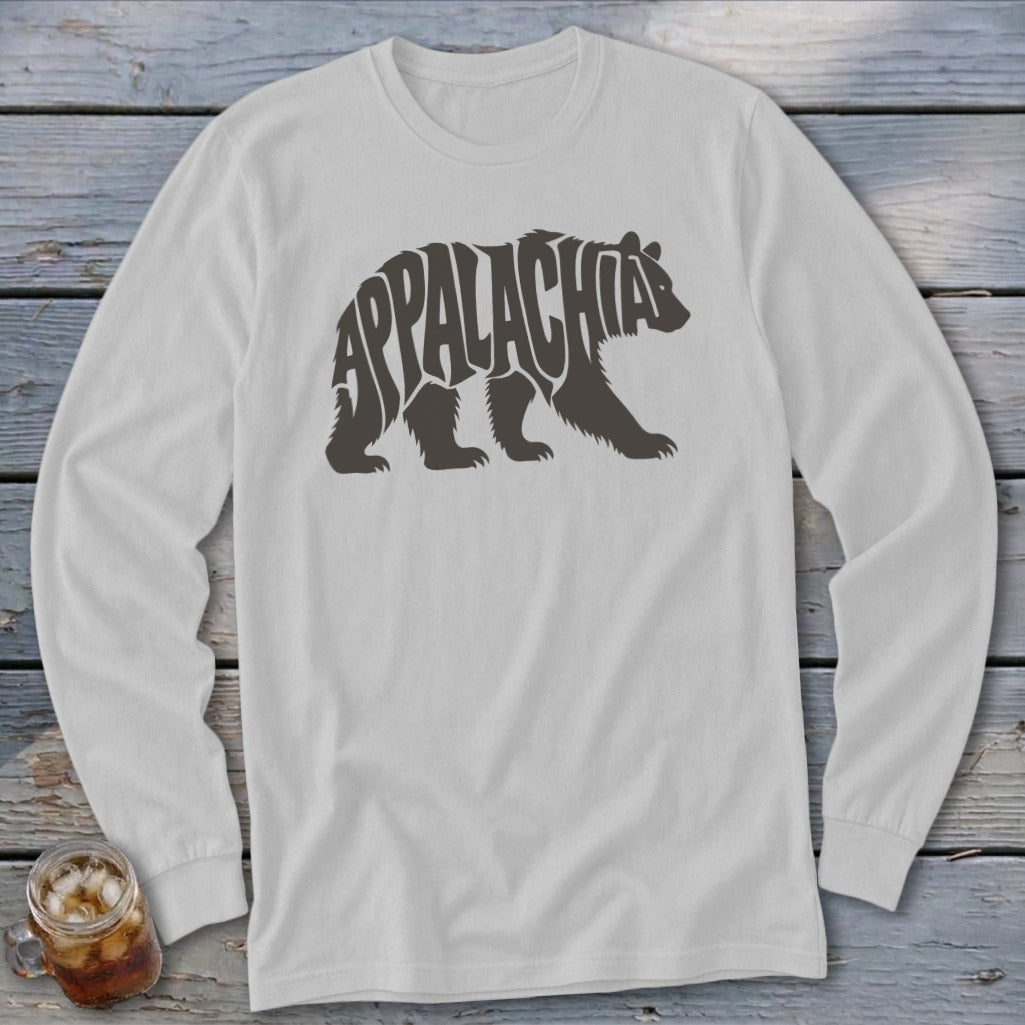 Light grey long-sleeve t-shirt with a dark brown bear graphic containing the word Appalachia.