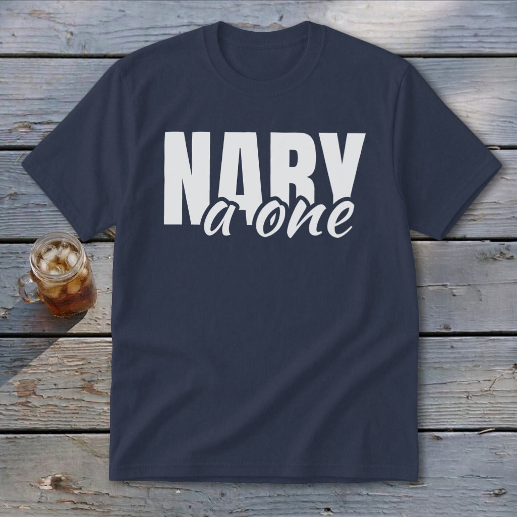 Navy t-shirt with white text "NARY a one".