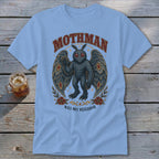 Light blue t-shirt with Mothman graphic and text "Mothman Was My Neighbor".