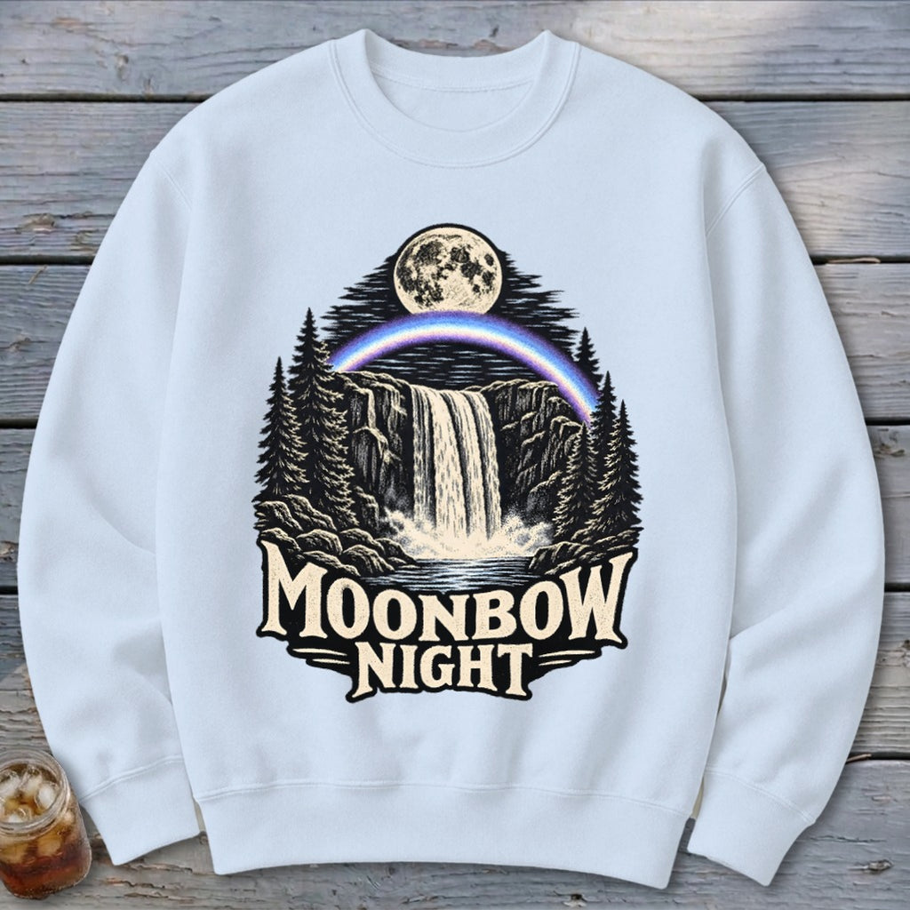 Crewneck sweatshirt with Moonbow Night waterfall and moon graphic.