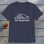 Dark blue V-neck T-shirt featuring a white graphic of a sleeping basset hound and the text "That Dog Won't Hunt".