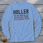 Light blue long sleeve shirt with "HOLLER" and "FIVE RIDGES OVER" text.