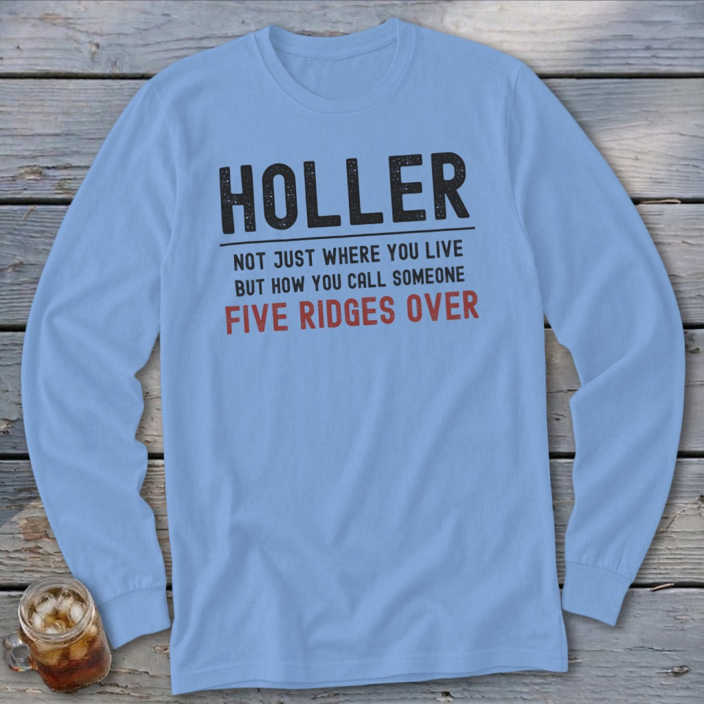 Light blue long sleeve shirt with "HOLLER" and "FIVE RIDGES OVER" text.