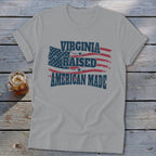 Gray t-shirt with distressed American flag graphic and text "Virginia Raised American Made".