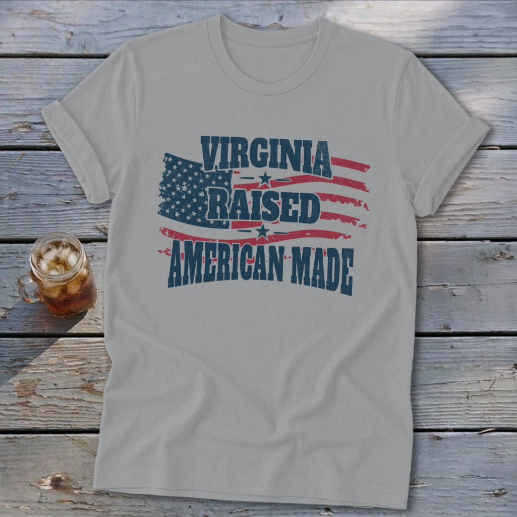 Gray t-shirt with distressed American flag graphic and text "Virginia Raised American Made".