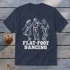Dark blue t-shirt with white graphic of flat-foot dancers and text.