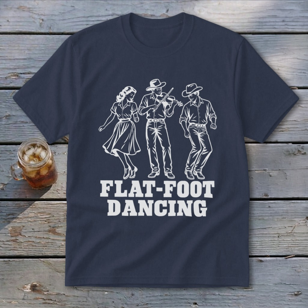 Dark blue t-shirt with white graphic of flat-foot dancers and text.