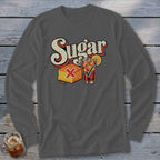 Dark gray long-sleeve t-shirt with a graphic showing the word Sugar above a piece of cornbread with a red X and a glass of iced tea with a green checkmark.
