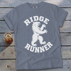 Grey t-shirt with white text and bear graphic, "Ridge Runner"