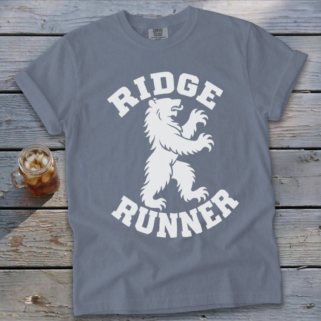 Grey t-shirt with white text and bear graphic, "Ridge Runner"