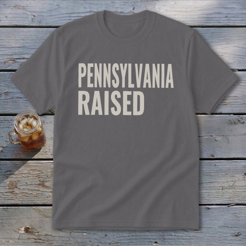 Gray t-shirt with "PENNSYLVANIA RAISED" printed in beige text.