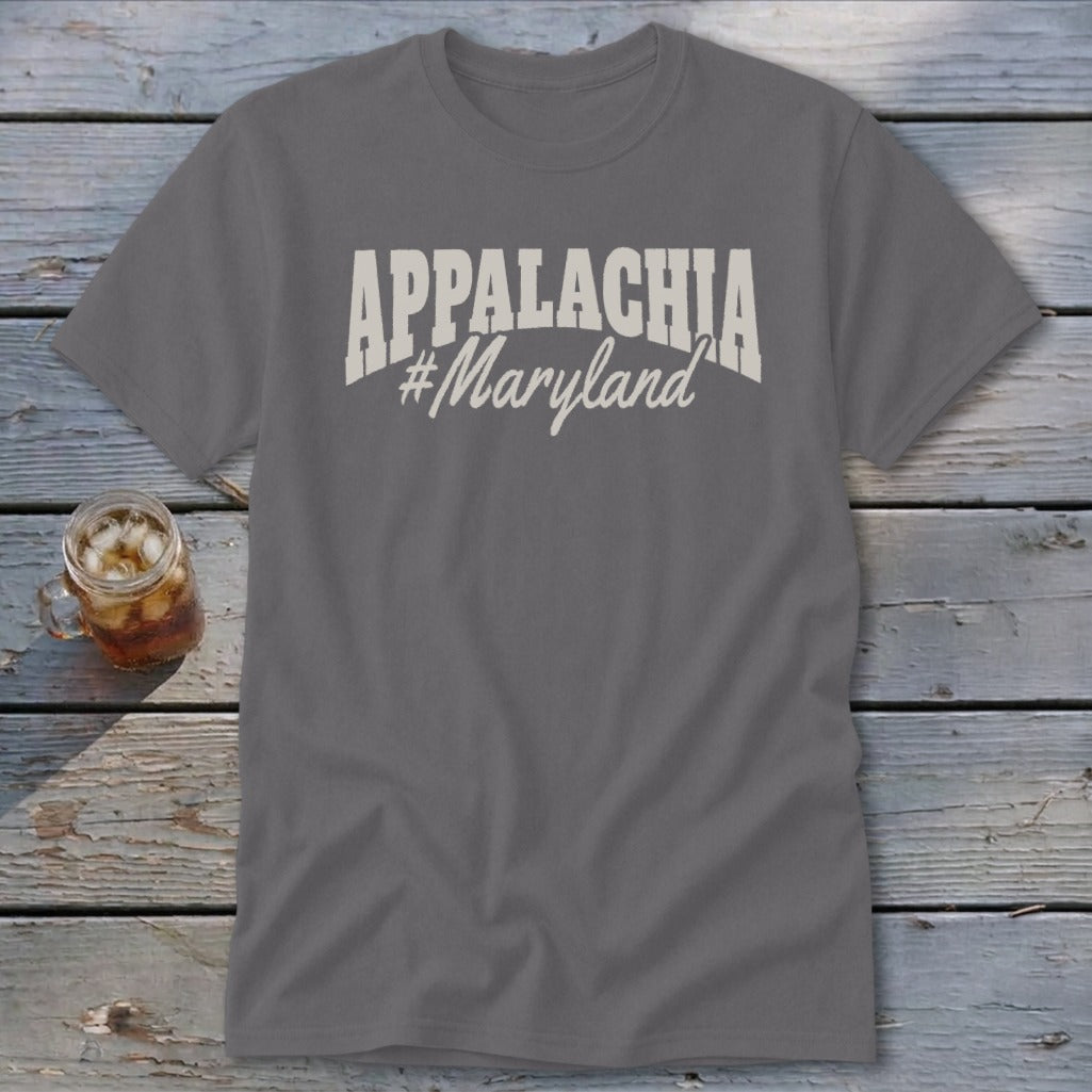 Grey t-shirt with white text "APPALACHIA #Maryland"