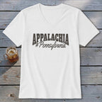 White v-neck t-shirt with dark gray text "APPALACHIA #Pennsylvania".