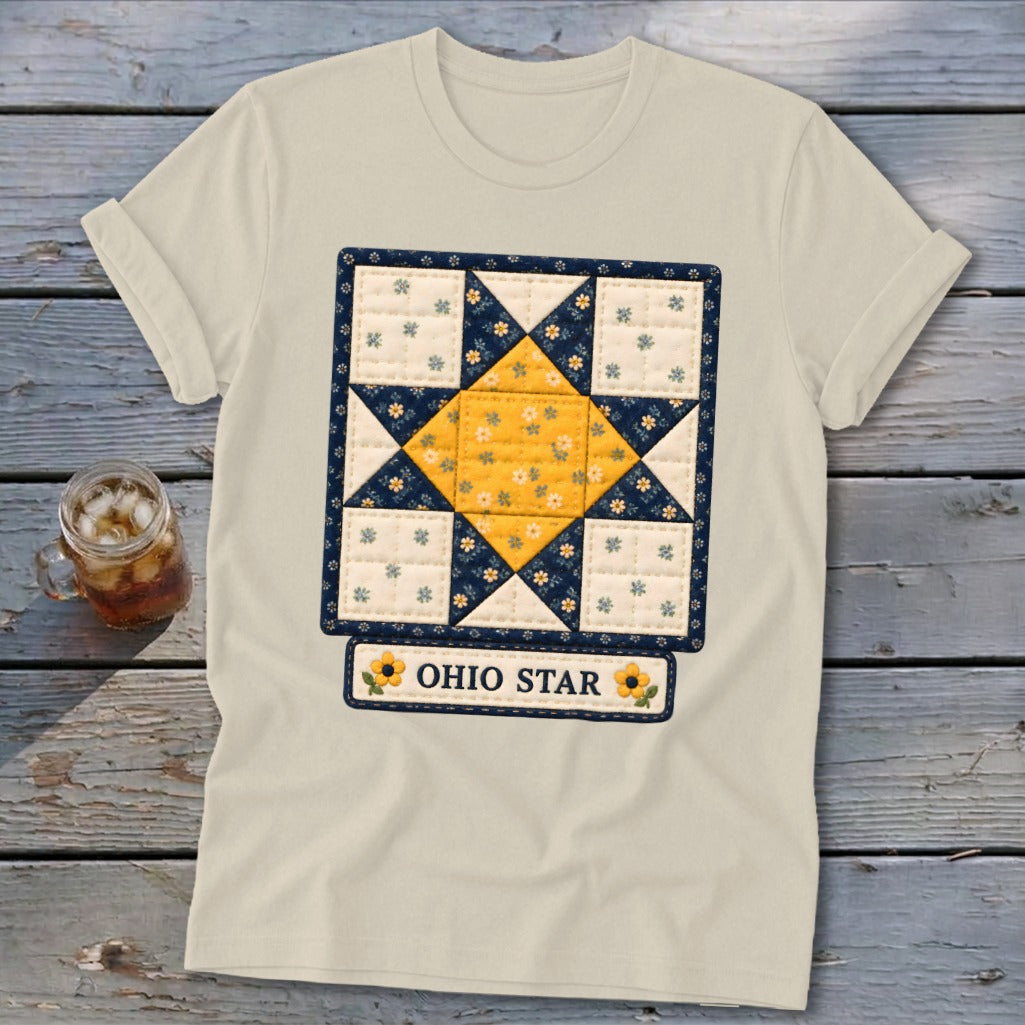 Cream t-shirt with a quilted Ohio Star block and "OHIO STAR" text.