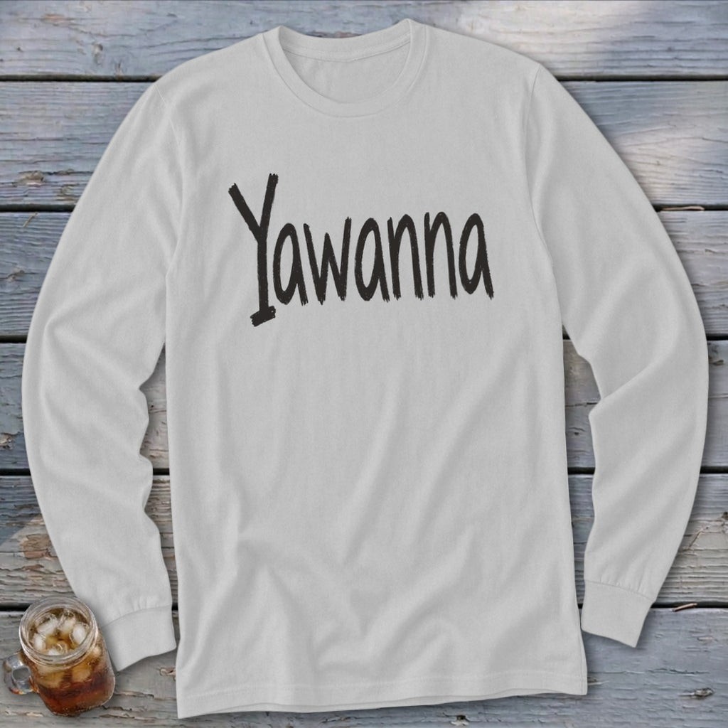 White long-sleeved shirt with "Yawanna" text in black handwriting font.